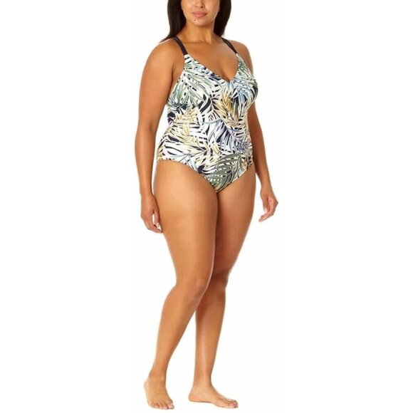 NWOT Hurley Tropical Leaf Print Plus Size XXL One Piece Swimsuit Cross Back Stra - Picture 1 of 7